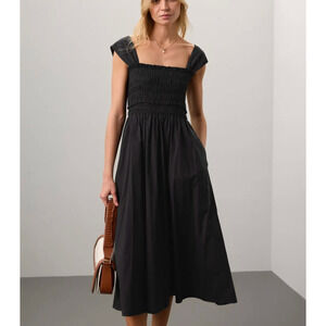 Club Monaco Black Midi Nap Dress MEDIUM Smocked Sundress Beach Vacation $248